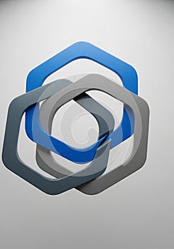 Interlocking hexagonal shapes in blue and gray create a modern,