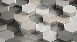 Interlocking hexagonal tiles create a three-dimensional texture in shades of gray,