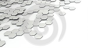 Interlocking hexagons form a geometric pattern on a white surface. The 3D design