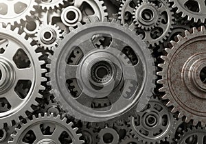 Interlocking metallic gears of various sizes create a complex, mechanical design. The gears are