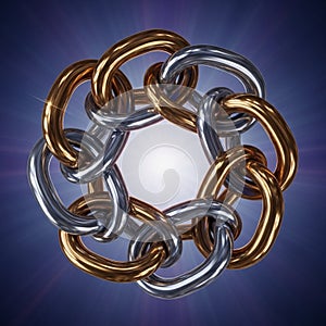 Interlocking metallic rings form a complex, circular pattern against a backdrop of