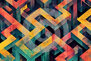 Interlocking shapes and repeating patterns create a vibrant and dynamic abstract design, Interlocking shapes and repeating
