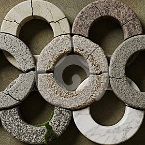 Interlocking stone rings are arranged in