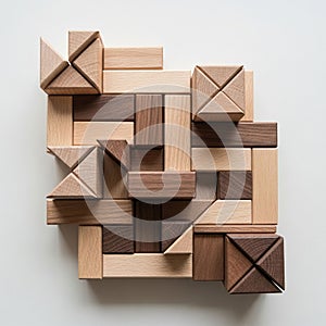 Interlocking wooden blocks is arranged in a geometric pattern on a white