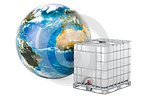 Intermediate bulk container with Earth Globe, 3D rendering