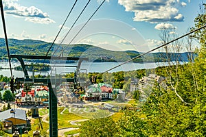Intermediate supporting towers for lift ride by cable or Gondola lift. Mont Tremblant, Quebec, Canada. High quality