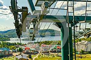 Intermediate supporting towers for lift ride by cable or Gondola lift. Mont Tremblant, Quebec, Canada. High quality