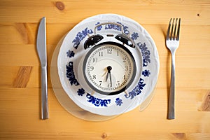 intermittent fasting concept alarm clock on kitchen table