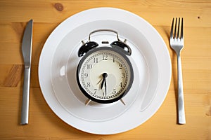 intermittent fasting concept alarm clock on kitchen table