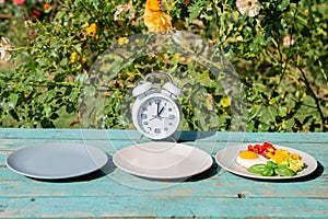 Intermittent fasting concept with empty colorful plates. Time to lose weight , eating control or time to diet concept.