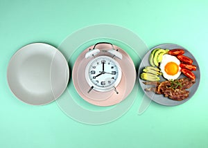 Intermittent fasting concept with empty colorful plates. Time to lose weight , eating control or time to diet concept