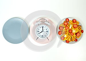 Intermittent fasting concept with empty colorful plates. Time to lose weight , eating control or time to diet concept.