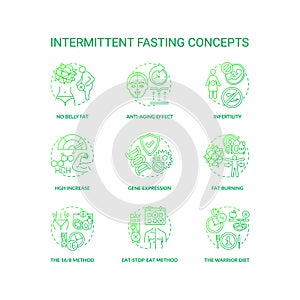 Intermittent fasting dark green concept icons set