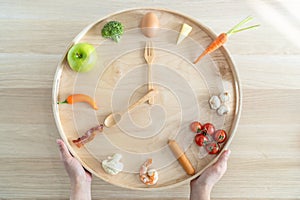 Intermittent fasting diet concept with 8-hour clock timer for eating nutritional or keto low carb, high protien food photo