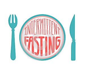 Intermittent Fasting. Hand drawn lettering illustration of a plate with a fork and a knife in blue and pink colors.