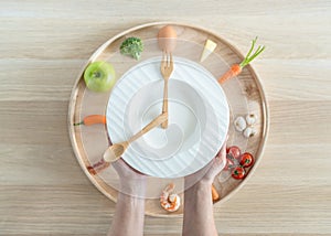 Intermittent fasting IF diet concept with 8-hour clock timer for eating nutritional or keto low carb, high fat and protien