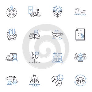 Intermodal transportation line icons collection. Containerization, Efficiency, Railways, Trucking, Integration photo