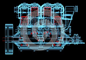 Internal combustion engine (3D xray red and blue transparent)