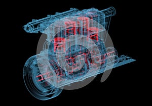 Internal combustion engine (3D xray red and blue transparent)