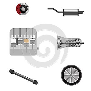 Internal combustion engine, gearbox, brakes, car muffler, wheels