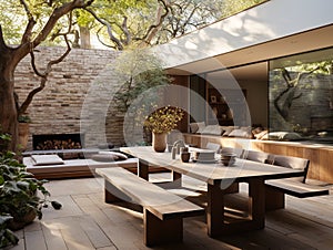 The internal courtyard of a luxury residence has an open air upper space.