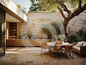 The internal courtyard of a luxury residence has an open air upper space.