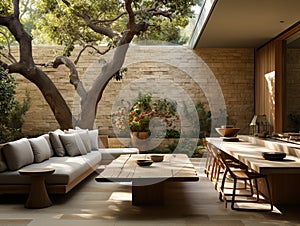 The internal courtyard of a luxury residence has an open air upper space.