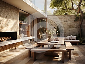 The internal courtyard of a luxury residence has an open air upper space.