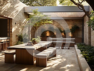 The internal courtyard of a luxury residence has an open air upper space.