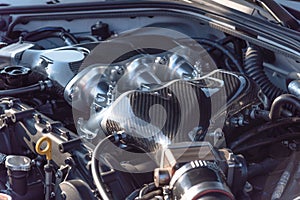 Internal design of car engine close-up