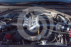 Internal design of car engine close-up