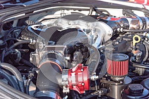Internal design of car engine close-up