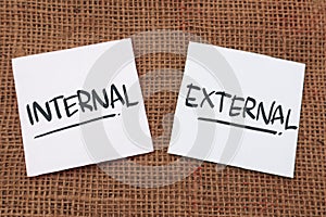 Internal and External, text words typography written on paper against wooden background, life and business motivational