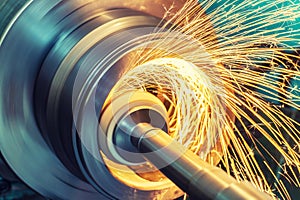 Internal grinding of a cylindrical part with an abrasive wheel on a machine, sparks fly in different directions. Metal machining