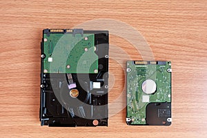 Internal Hard Disk Drive two sizes for Desktop and Laptop computer on wooden