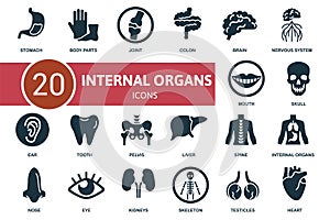 Internal Organs icon set. Contains editable icons internal organs theme such as stomach, heart, eye and more.