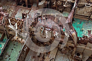 Internal parts of decommissioned marine ship.