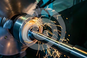 Internal processing of the hole with an abrasive stone on a grinding machine, sparks fly in different directions