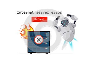 Internal server error website page. Http status code 500. Internet connection failure with oops worried robot character