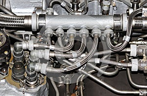 the internal structure of the aircraft engine, with hydraulic, fuel pipes and other hardware equipment, army aviation, military