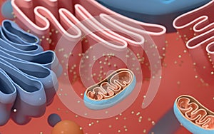 Internal structure of an animal cell, 3d rendering. Section view photo