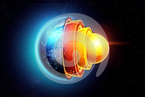 The internal structure of the earth, the structure of the core, geological layers on a dark background of space. Concept geology photo