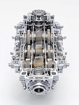 Internal view of a complex automotive transmission system with gears and mechanical components