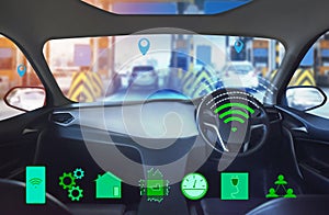 Internal view, Display screen and automatic self driving.Electric smart car technology.