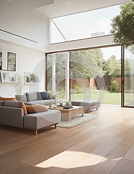 internal view of a modern living room with wood flooring overlooking on the garden