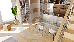 Internal view of an open space with big windows. Kitchen interior furniture. Luxury houses. Living room.