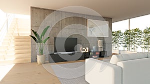 Internal view of an open space with big windows, large size, contemporary style. Luxury houses. Natural light. Living room