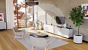 Internal view of an open space with big windows, large size, modern and contemporary style. Living room