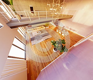 Internal view of an open space with staircase and windows, large size, modern and contemporary style. Luxury houses. Living room.