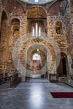 Internal view of the Stone Greek traditional Orthodox church in Christianoupoli